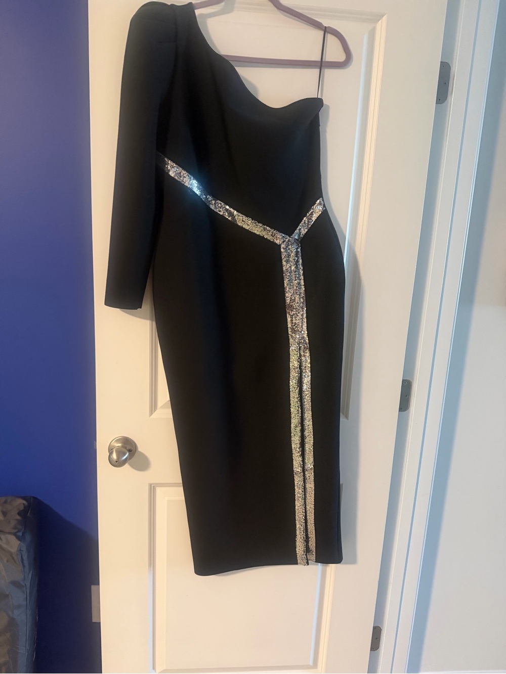 Black One-Shoulder Midi Dress with Silver Sequin Trim